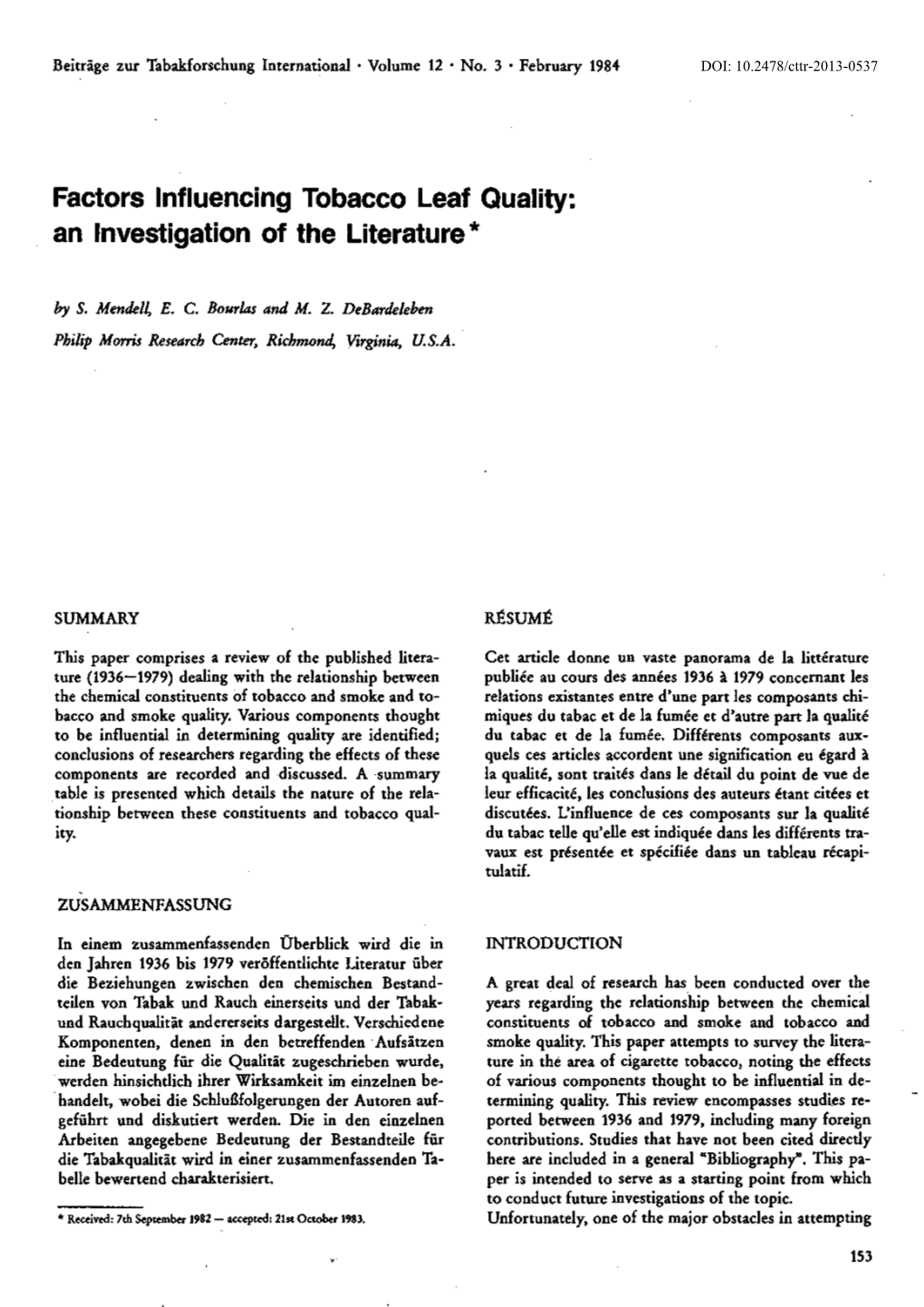 Factors Influencing Tobacco Leaf Quality: an Investigation of the Literature*