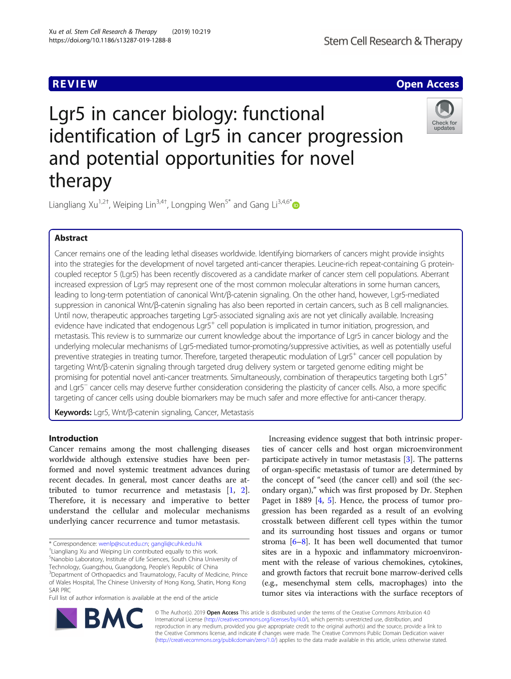 Functional Identification of Lgr5 in Cancer Progression and Potential Opportunities for Novel Therapy