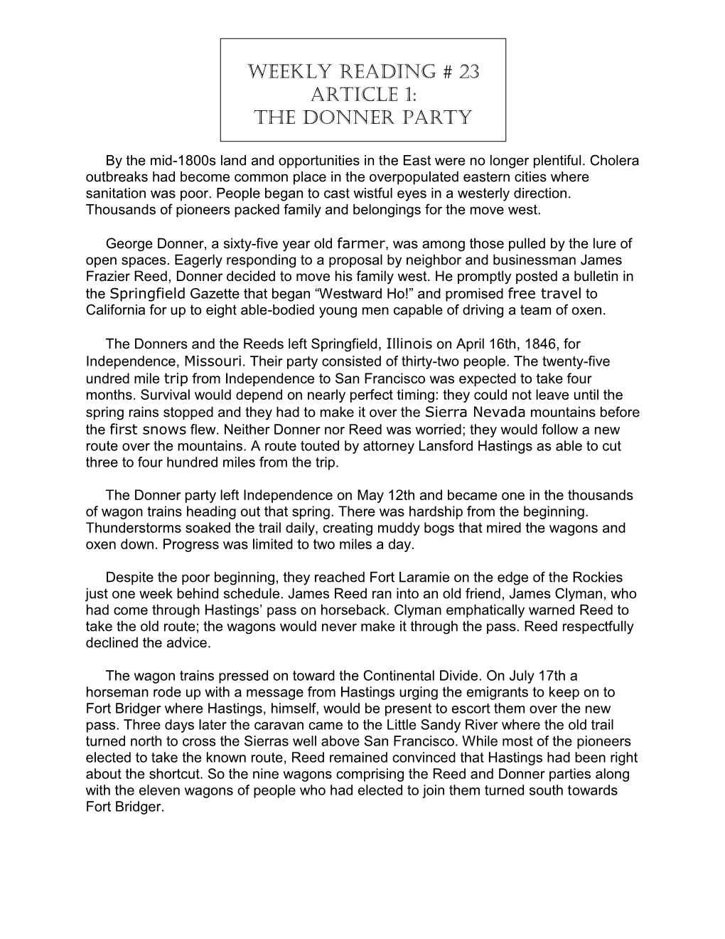 Weekly Reading # 23 Article 1: the Donner Party