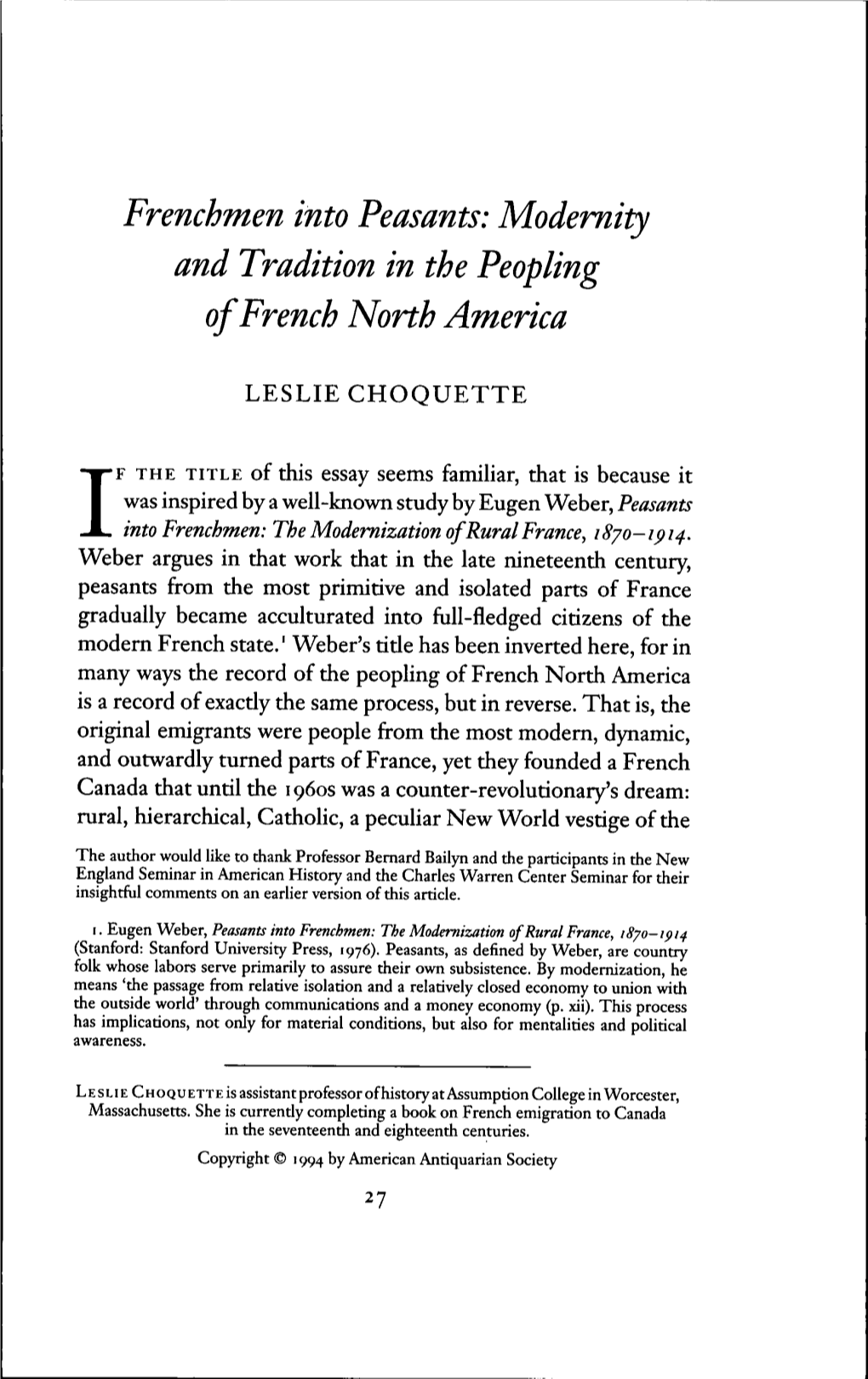 Frenchmen Into Peasants: Modernity and Tradition in the Peopling of French North America