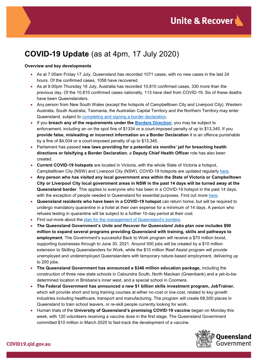 COVID-19 Update (As at 4Pm, 17 July 2020)