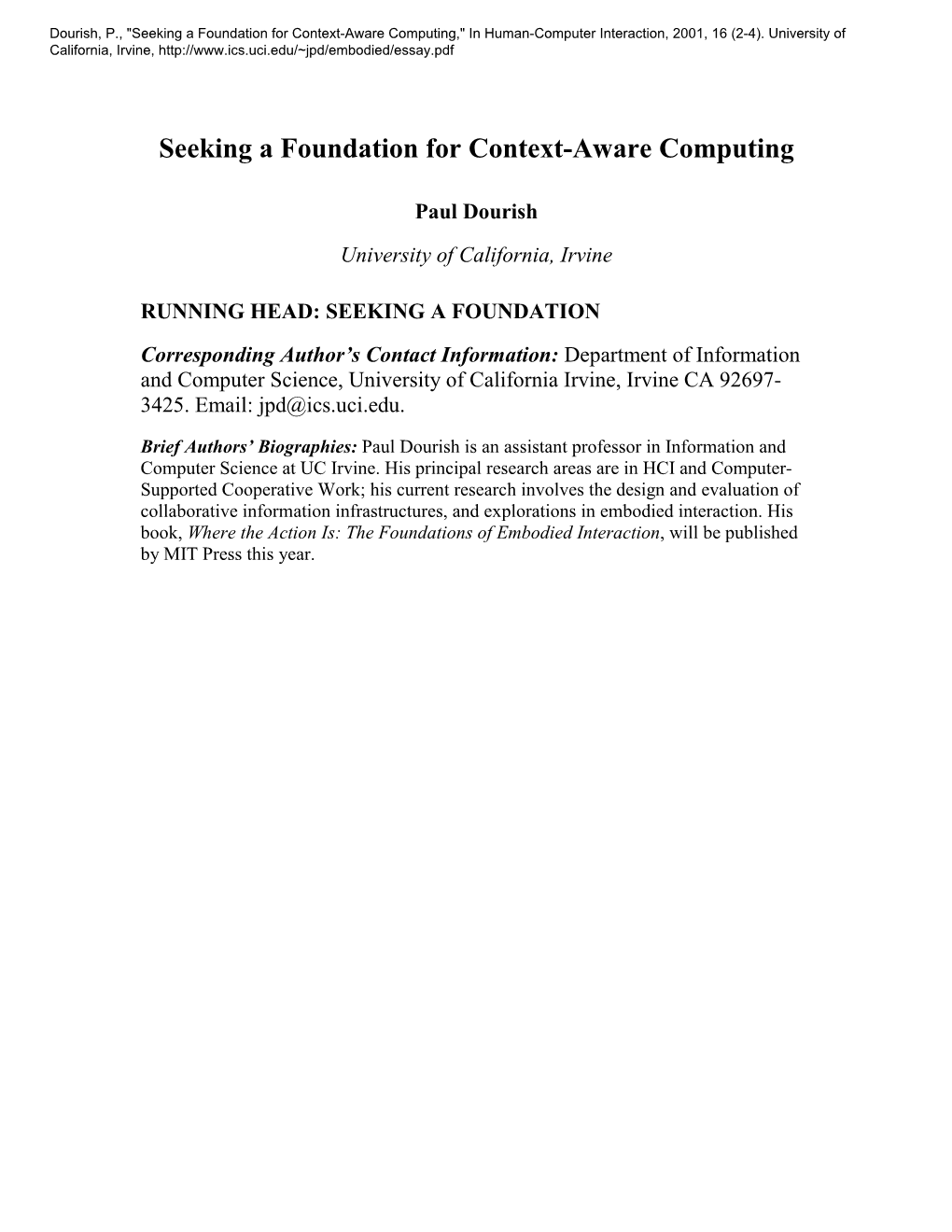 Seeking a Foundation for Context-Aware Computing