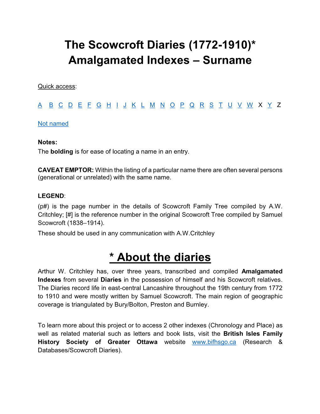 The Scowcroft Diaries (1772-1910)* Amalgamated Indexes – Surname