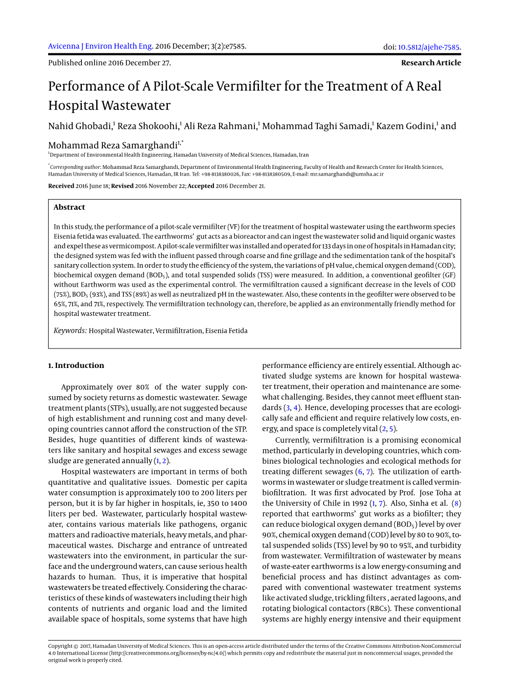 Performance of a Pilot-Scale Vermifilter for the Treatment of A