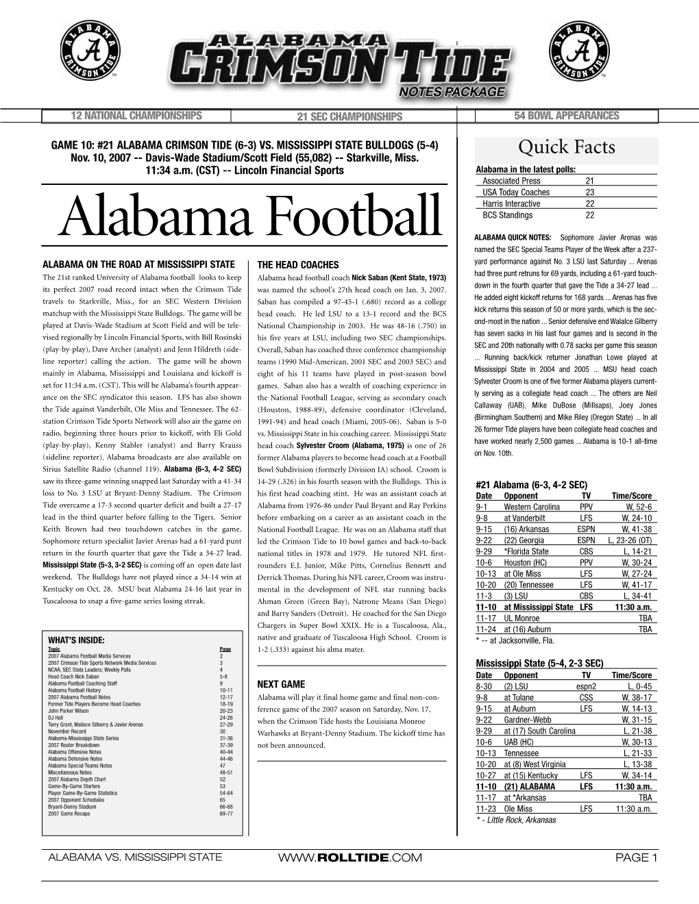 2007 Alabama Game Notes (Vs. Mississippi State)