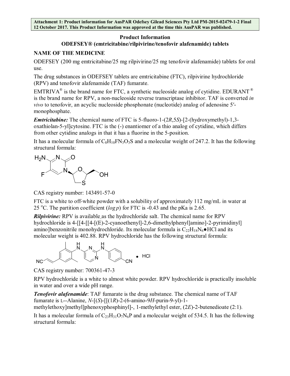 Odefsey Gilead Sciences Pty Ltd PM-2015-02479-1-2 Final 12 October 2017