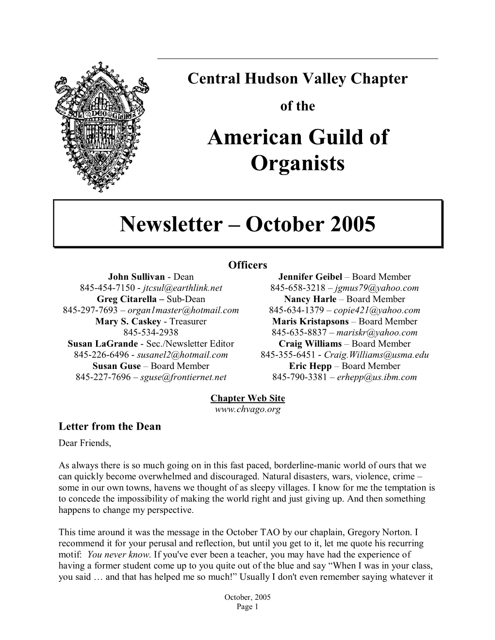 American Guild of Organists Newsletter – October 2005