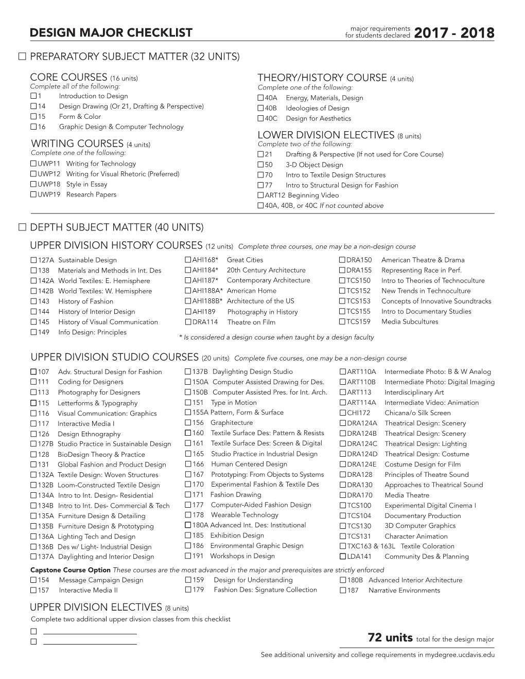 DESIGN MAJOR CHECKLIST for Students Declared 2017 - 2018 PREPARATORY SUBJECT MATTER (32 UNITS)