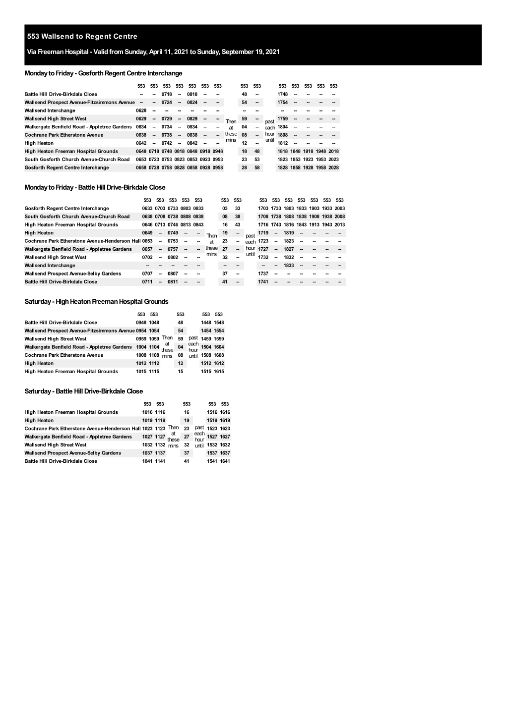 553 Wallsend to Regent Centre Via Freeman Hospital - Valid from Sunday, April 11, 2021 to Sunday, September 19, 2021
