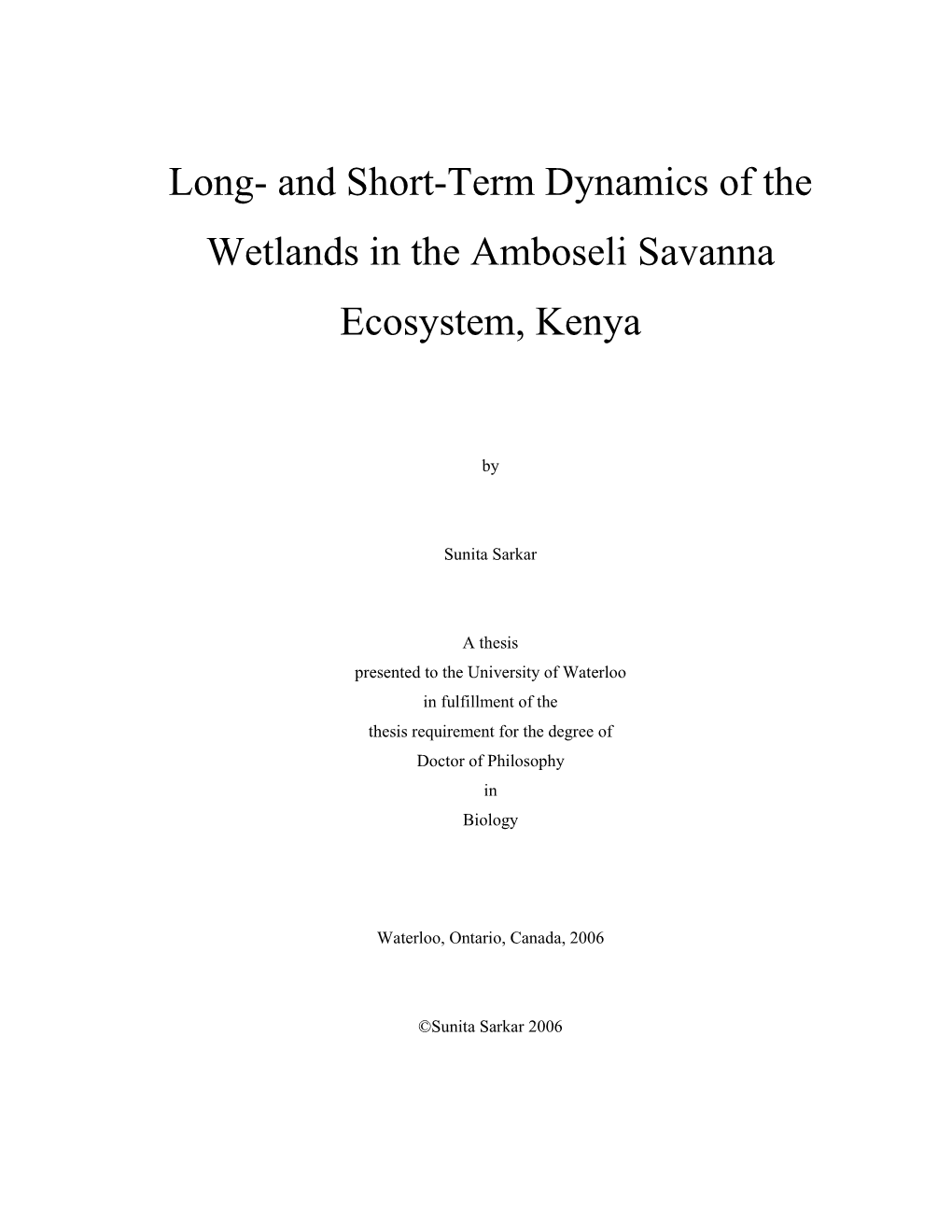 And Short-Term Dynamics of the Wetlands in the Amboseli Savanna Ecosystem, Kenya