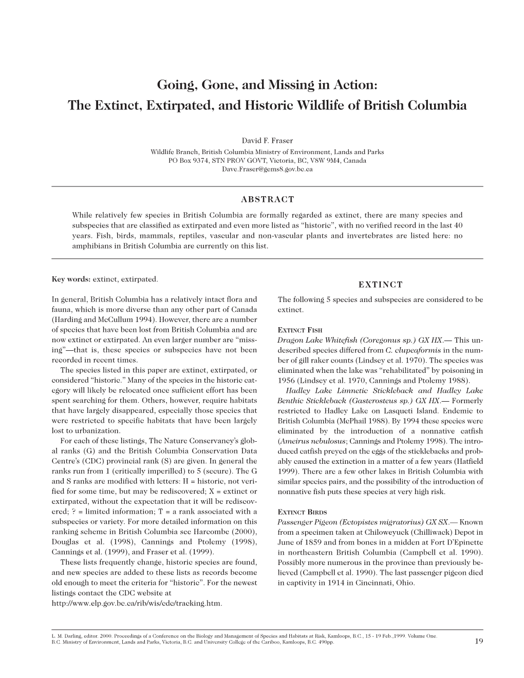 The Extinct, Extirpated, and Historic Wildlife of British Columbia