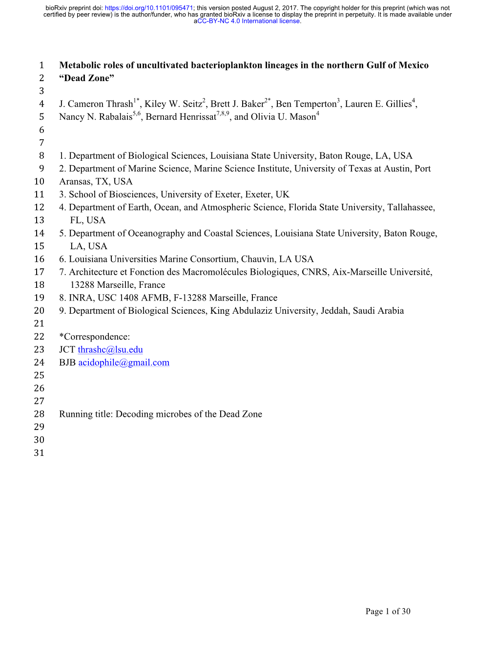 Metabolic Roles of Uncultivated Bacterioplankton Lineages in the Northern Gulf of Mexico 2 “Dead Zone” 3 4 J