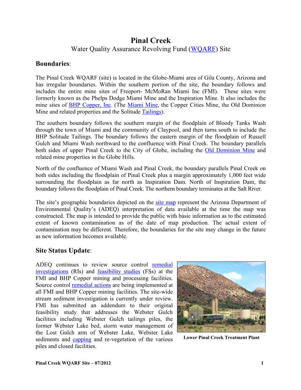 Pinal Creek Water Quality Assurance Revolving Fund (WQARF) Site