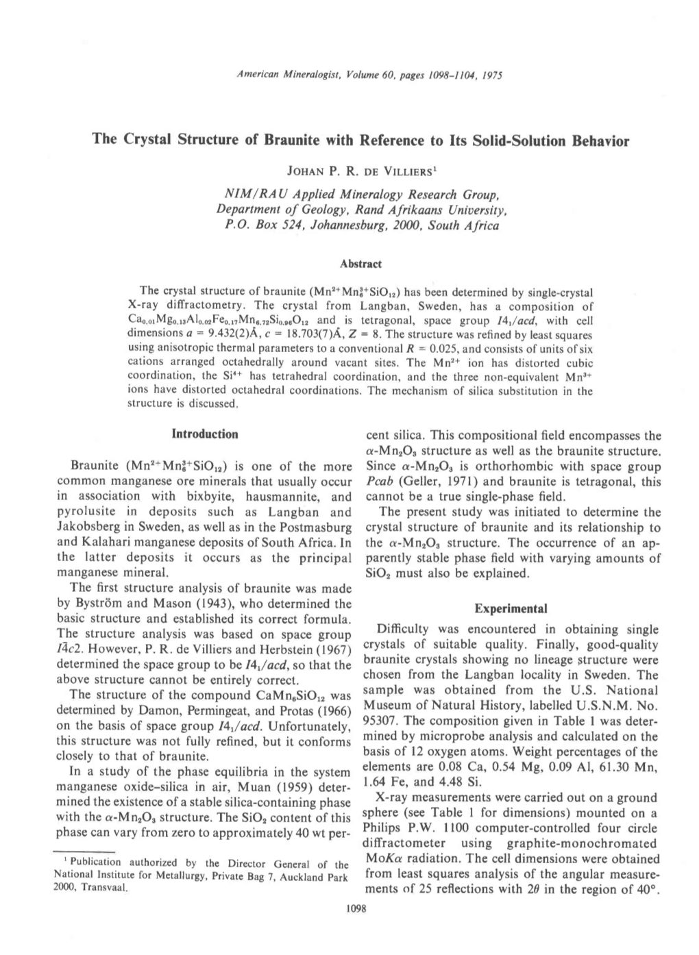 The Crystal Structure of Braunite with Reference to Its Solid-Solution Behavior