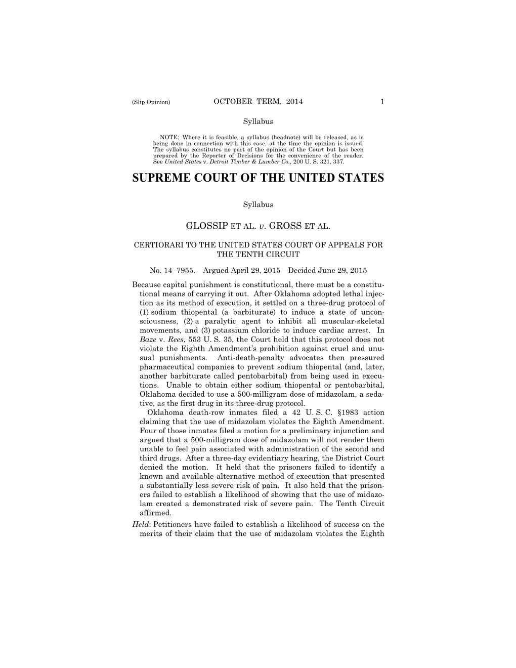 14-7955 Glossip V. Gross (06/29/2015)