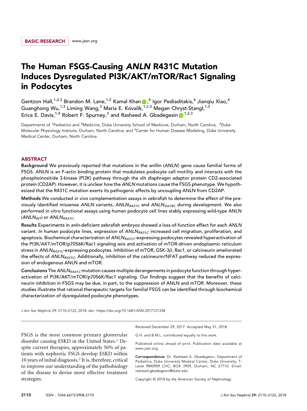 The Human FSGS-Causing ANLN R431C Mutation Induces Dysregulated PI3K/AKT/Mtor/Rac1 Signaling in Podocytes
