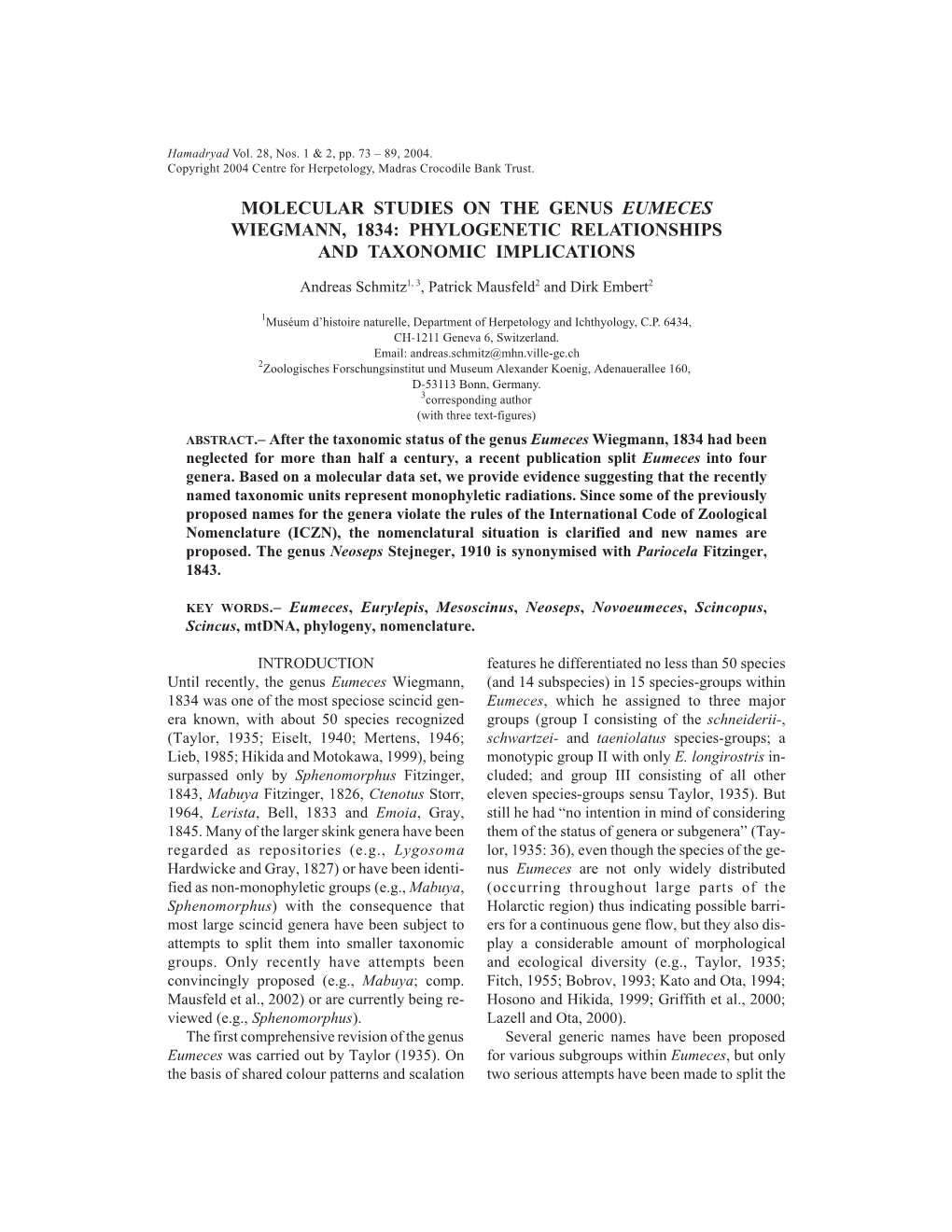 Molecular Studies on the Genus Eumeces Wiegmann, 1834: Phylogenetic Relationships and Taxonomic Implications