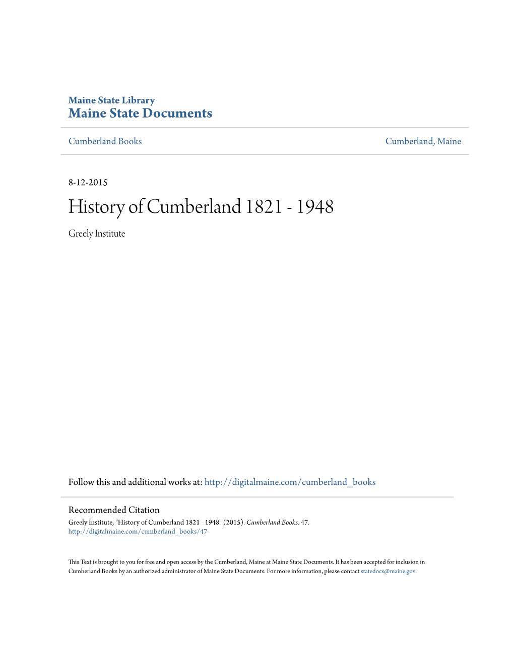 History of Cumberland 1821 - 1948 Greely Institute