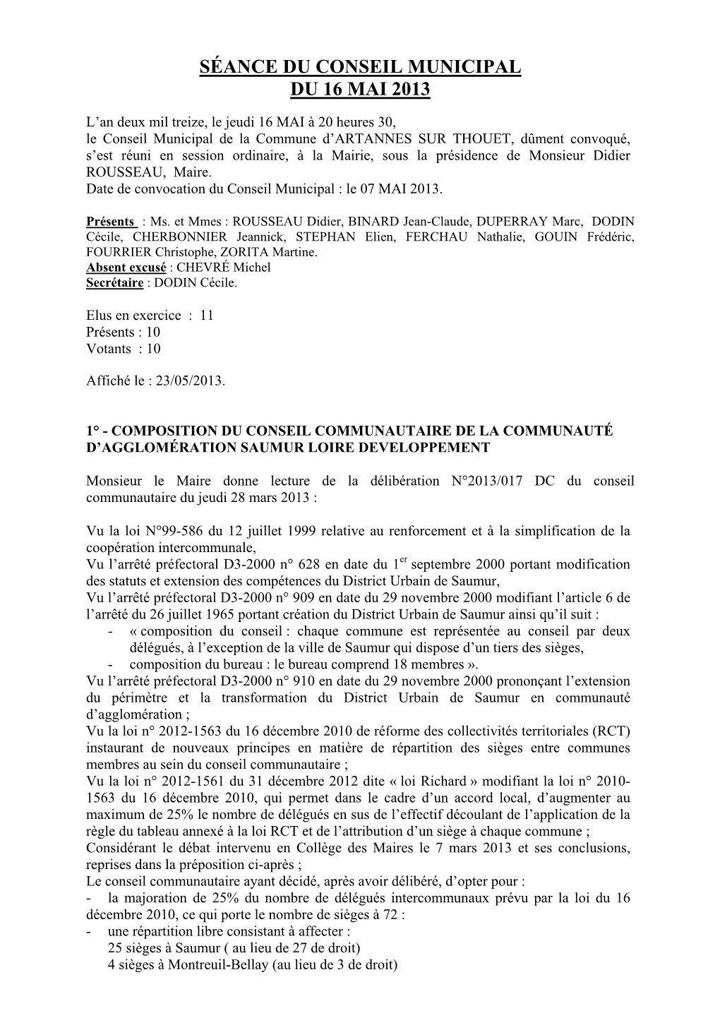 Séance Du Conseil Municipal Du 16 Mai 2013