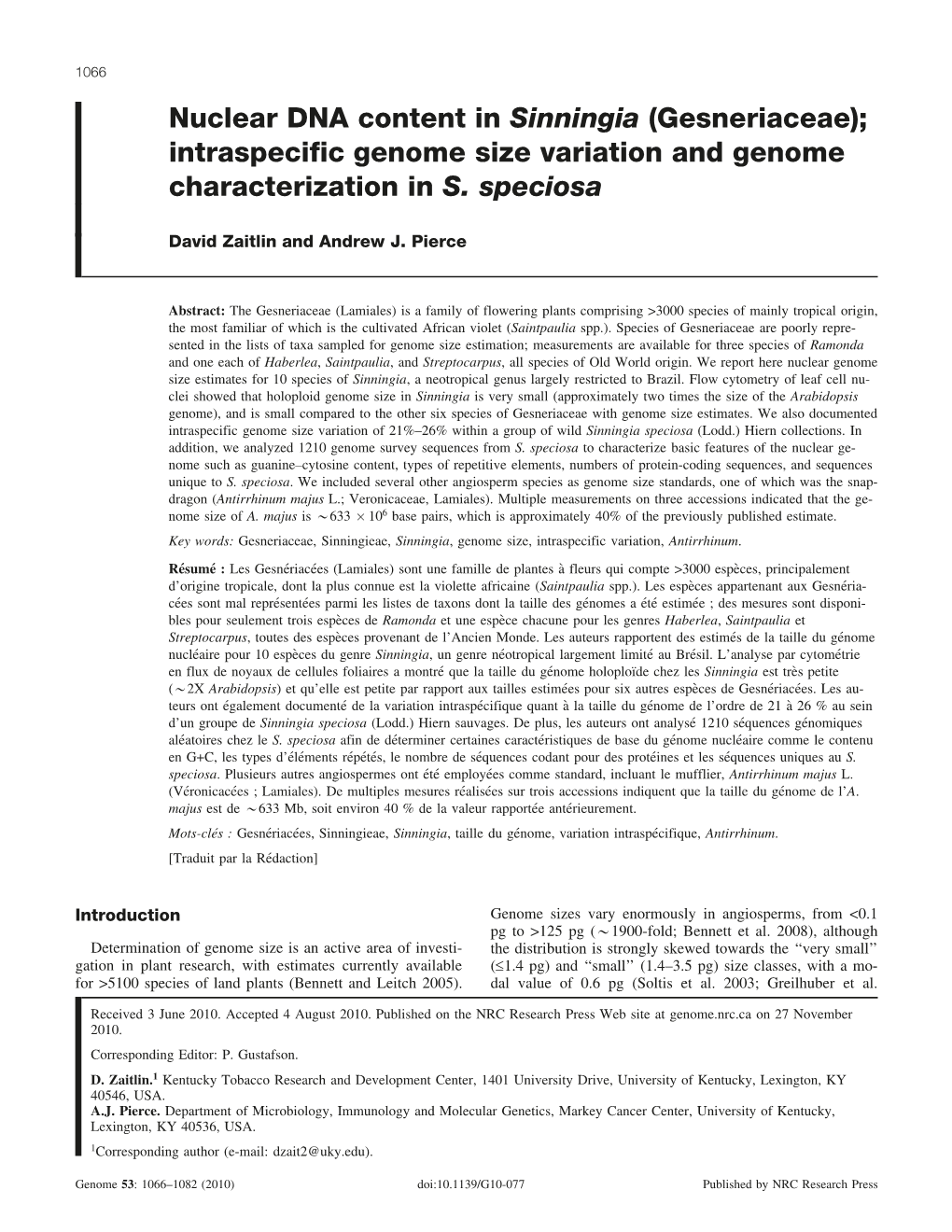 Nuclear DNA Content in Sinningia (Gesneriaceae); Intraspecific Genome Size Variation and Genome Characterization in S