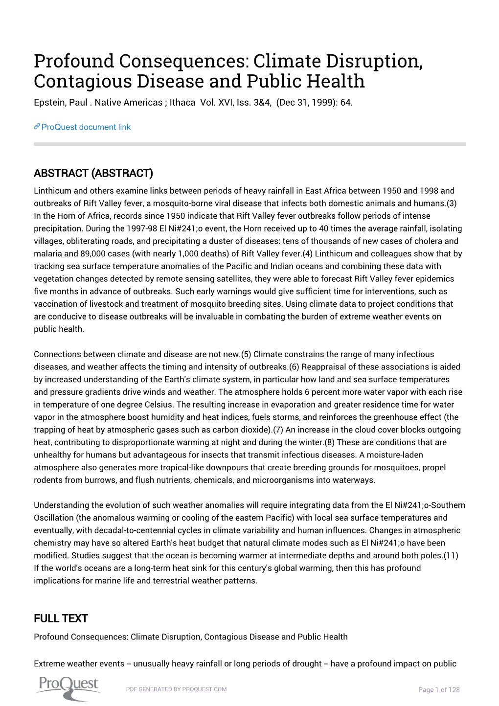 Climate Disruption, Contagious Disease and Public Health Epstein, Paul