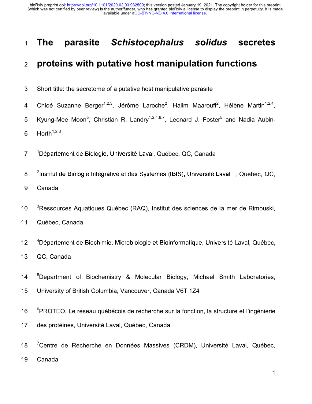 The Parasite Schistocephalus Solidus Secretes Proteins With