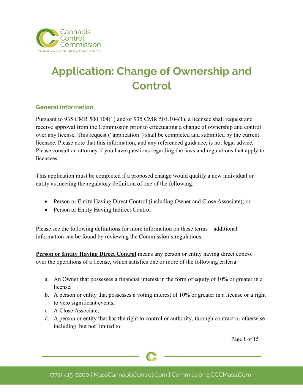 Application: Change of Ownership and Control