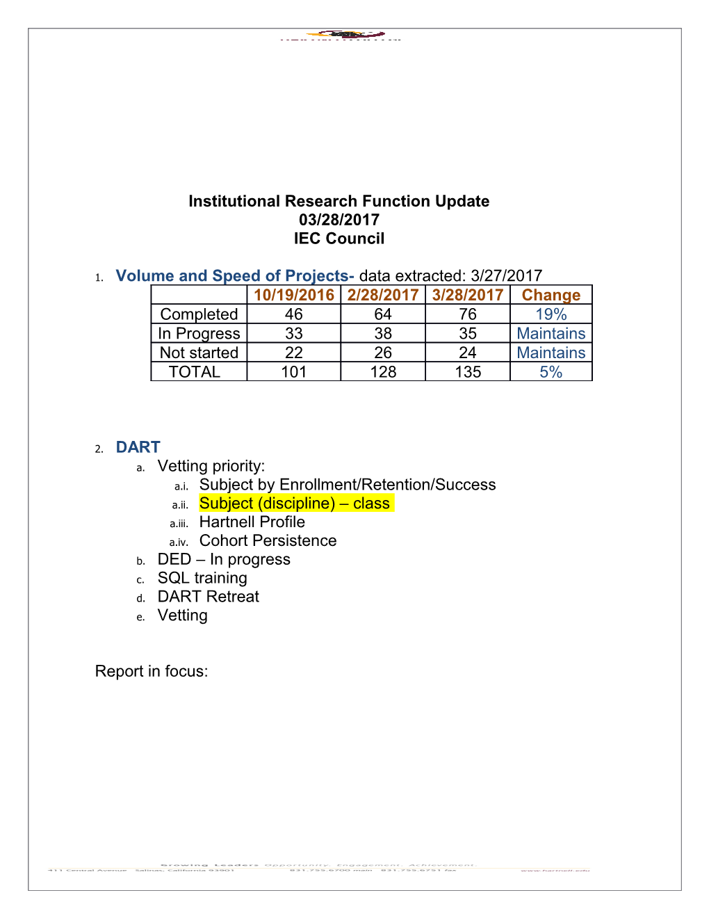 Institutional Research Function Update