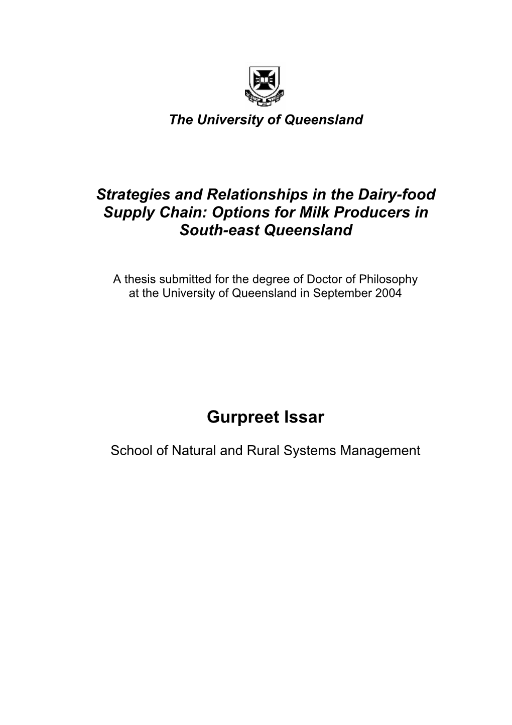 Strategies and Relationships in the Dairy-Food Supply Chain: Options for Milk Producers in South-East Queensland