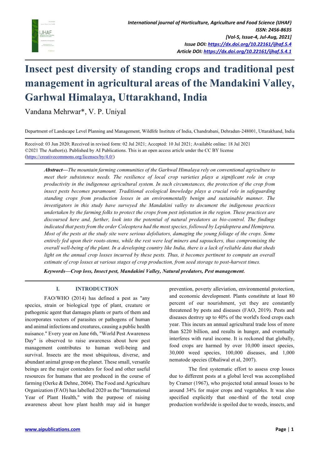 Insect Pest Diversity of Standing Crops and Traditional Pest