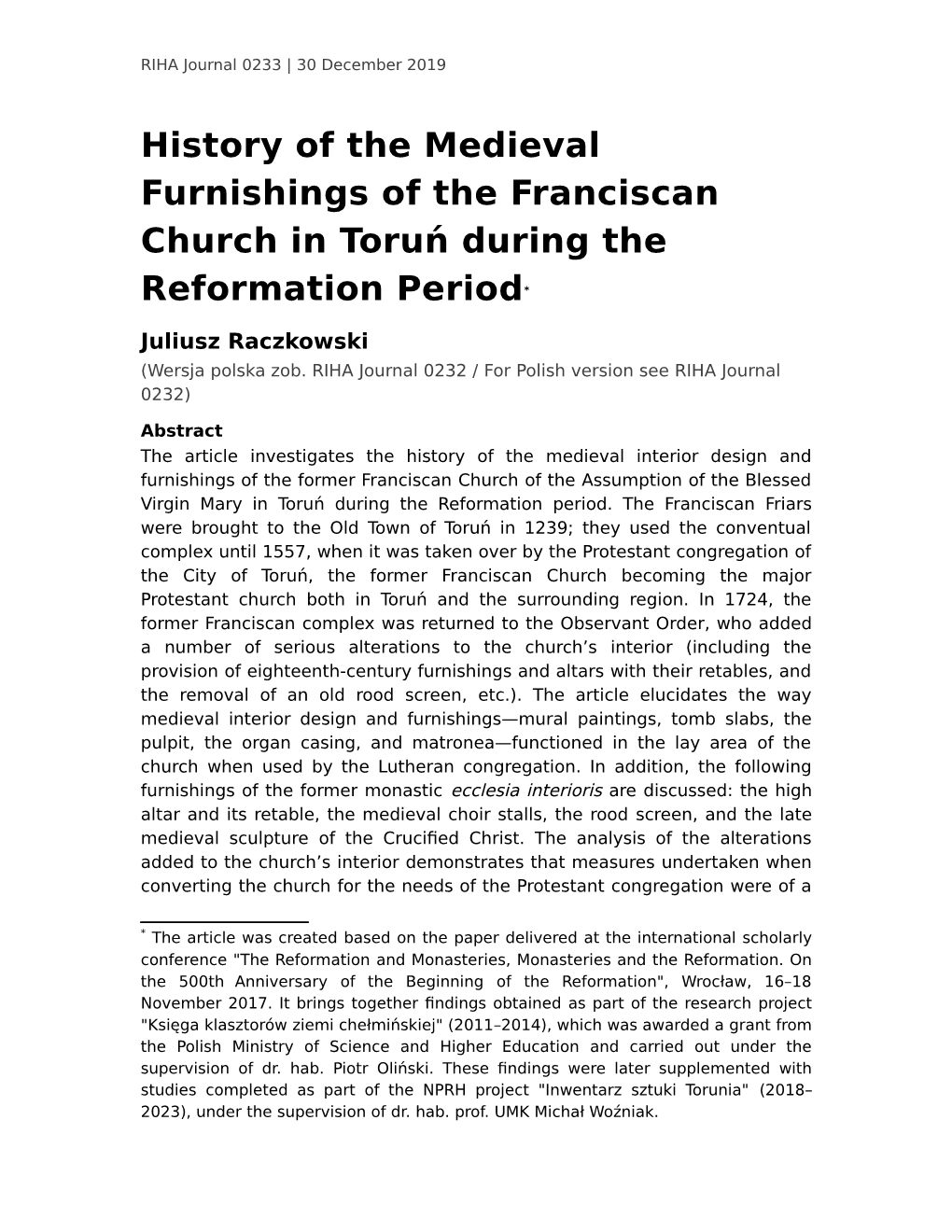 History of the Medieval Furnishings of the Franciscan Church in Toruń During The