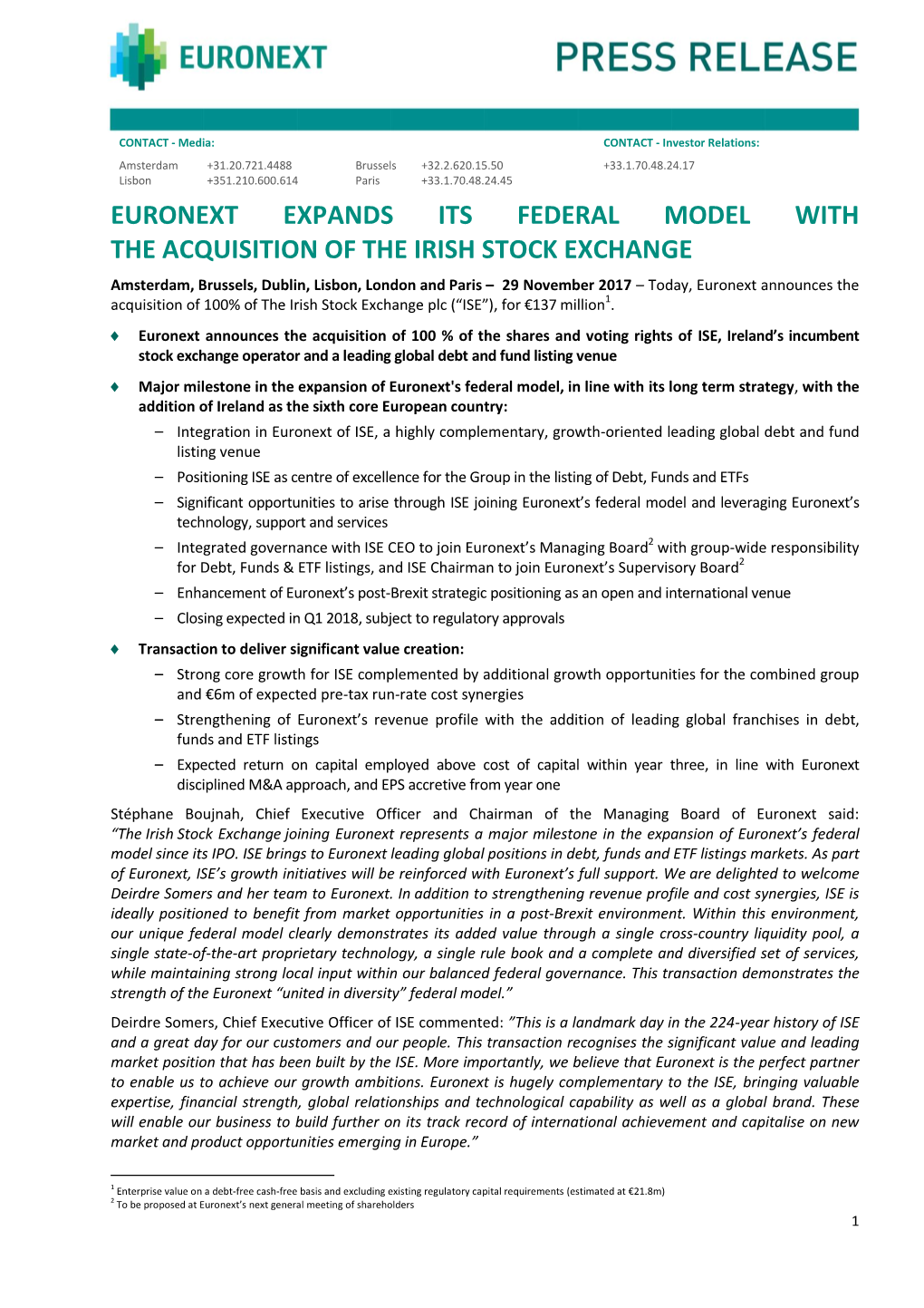 Euronext Expands Its Federal Model with the Acquisition