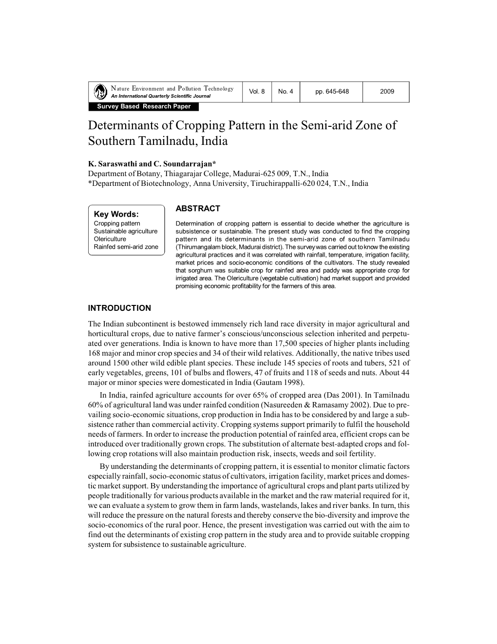 Determinants of Cropping Pattern in the Semi-Arid Zone of Southern Tamilnadu, India