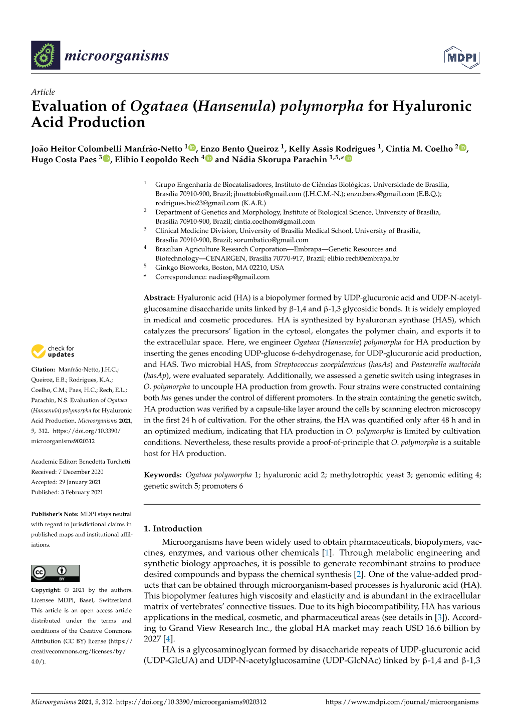 Evaluation of Ogataea (Hansenula) Polymorpha for Hyaluronic Acid Production