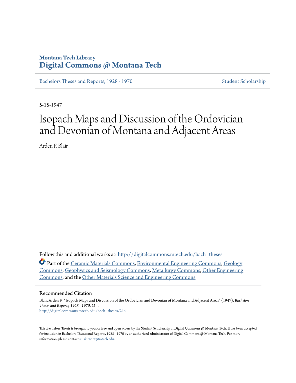 Isopach Maps and Discussion of the Ordovician and Devonian of Montana and Adjacent Areas Arden F