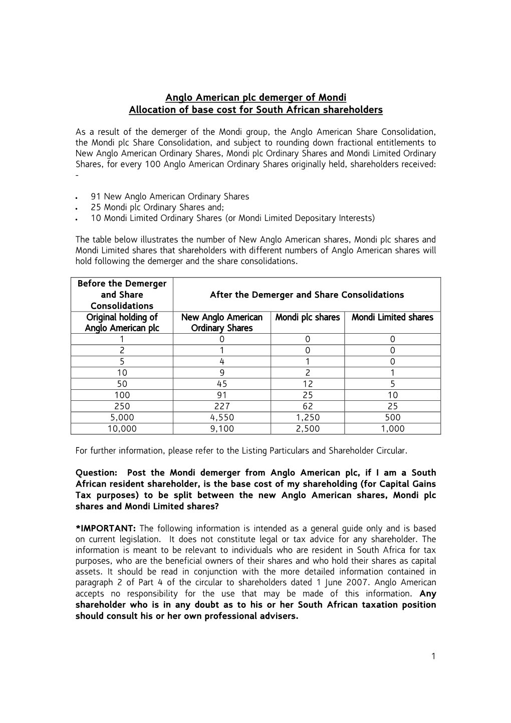 Anglo American Plc Demerger of Mondi Allocation of Base Cost for South African Shareholders