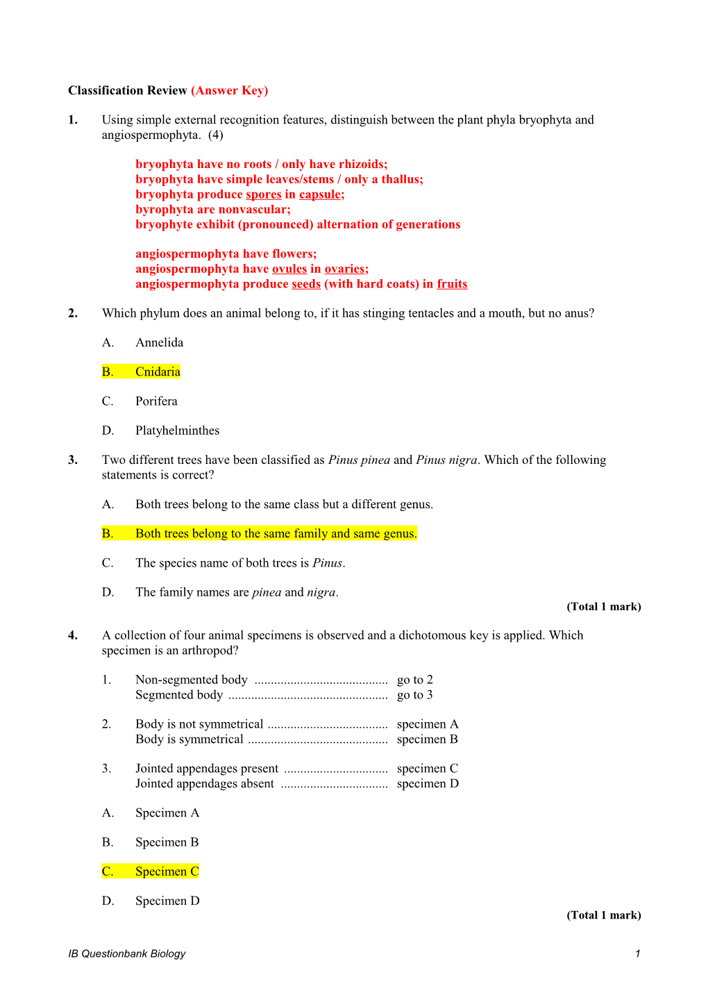 Classification Review (Answer Key)