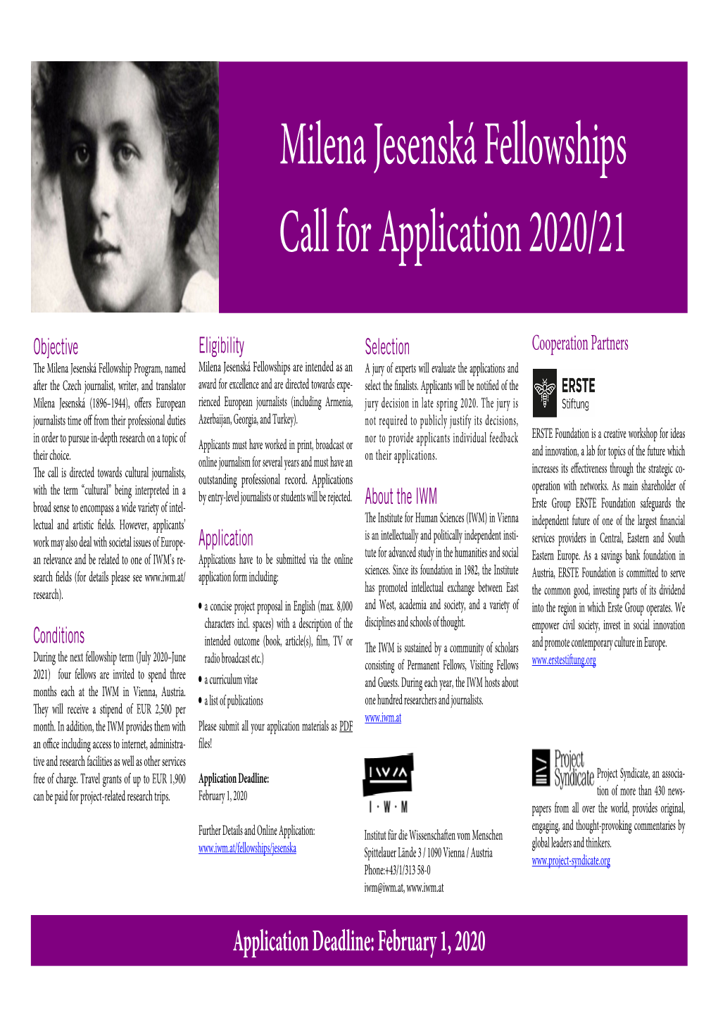 Milena Jesenská Fellowships Call for Application 2020/21