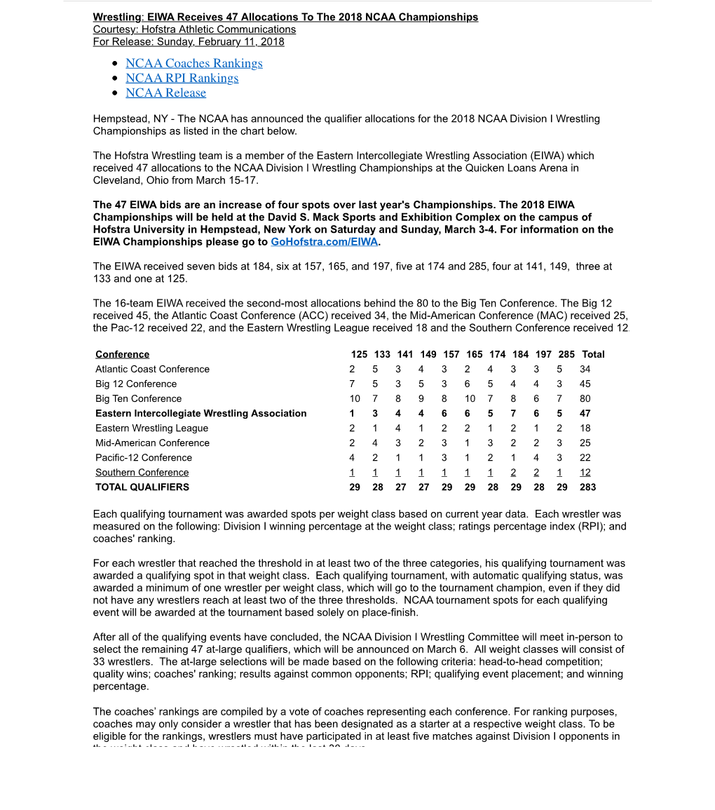 Wrestling EIWA Receives 47 Allocations to the 2018 NCAA