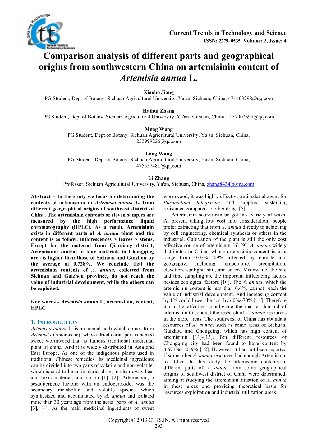 Comparison Analysis of Different Parts and Geographical Origins from Southwestern China on Artemisinin Content of Artemisia Annua L