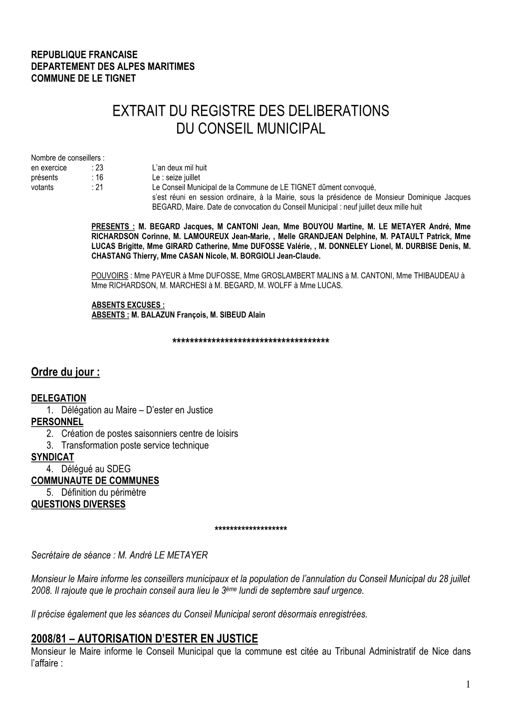 Extrait Du Registre Des Deliberations Du Conseil Municipal