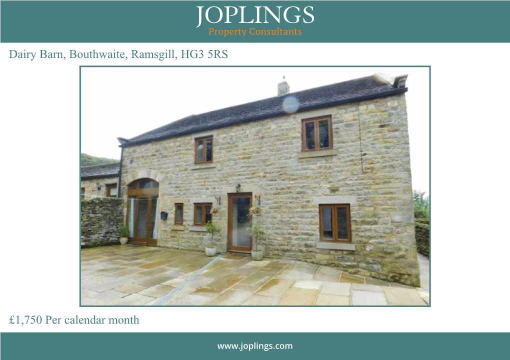 Dairy Barn, Bouthwaite, Ramsgill, HG3 5RS £1,750 Per Calendar Month