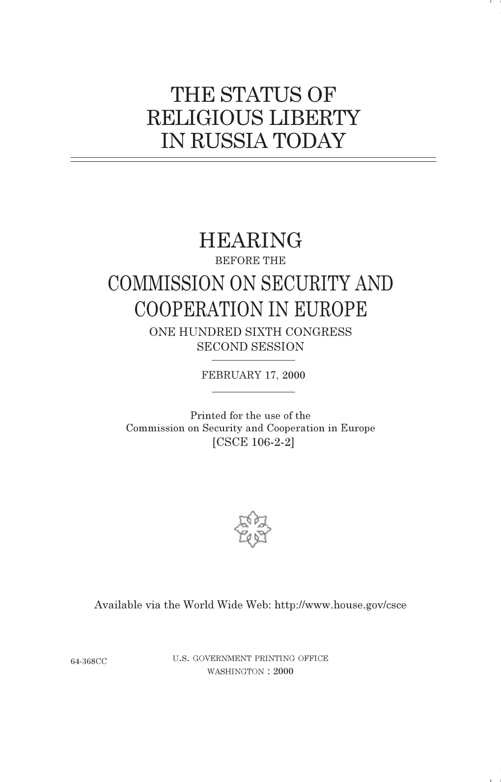 02/17/00 CSCE Hearing, the STATUS of RELIGIOUS LIBERTY