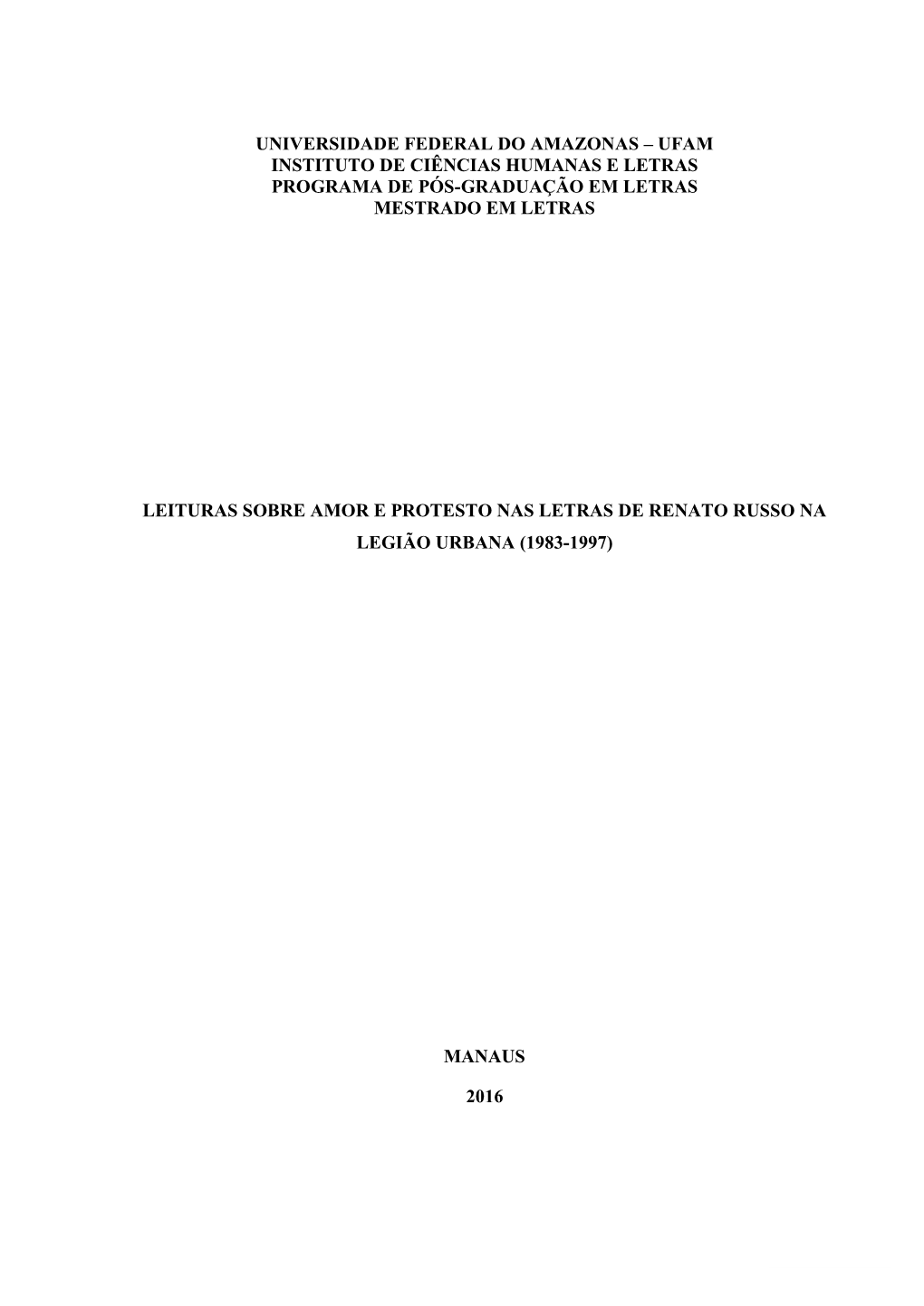 Ufam Instituto De Ciências Humanas E Letras Programa De Pós-Graduação Em Letras Mestrado Em Letras