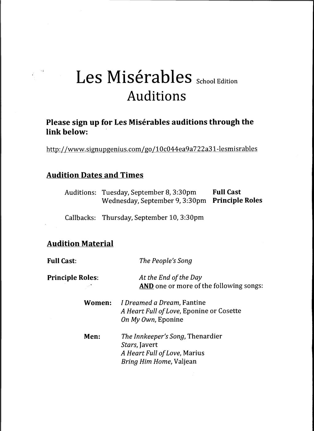 Les Miserables School Edition Auditions