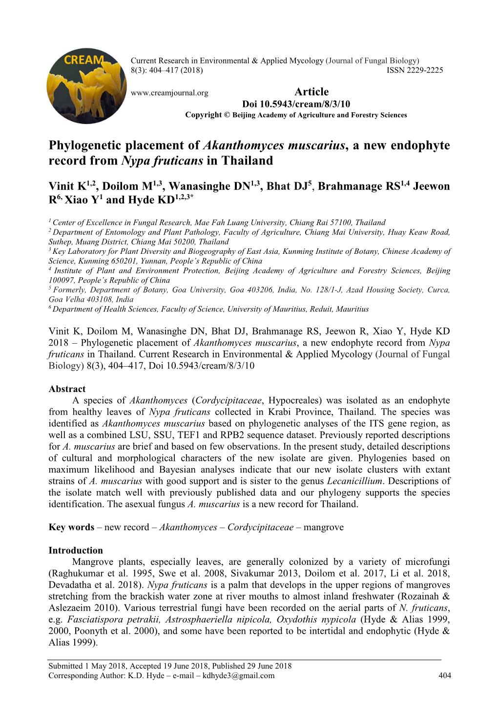 Phylogenetic Placement of Akanthomyces Muscarius, a New Endophyte Record from Nypa Fruticans in Thailand