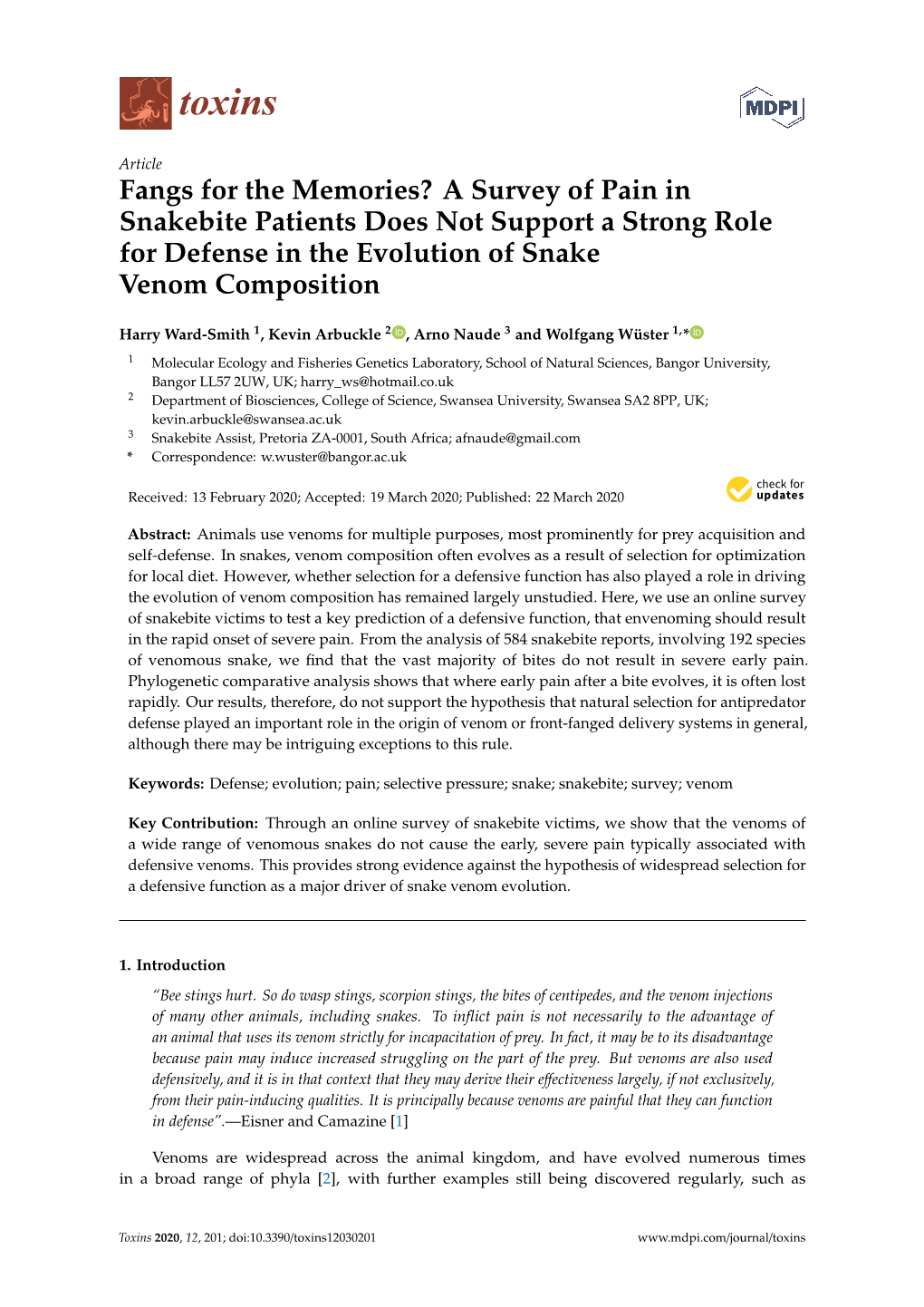 A Survey of Pain in Snakebite Patients Does Not Support a Strong Role for Defense in the Evolution of Snake Venom Composition