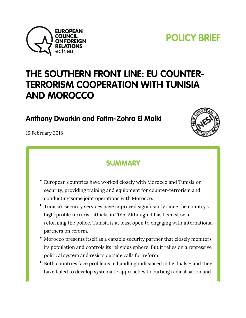 The Southern Front Line: EU Counter-Terrorism Cooperation with Tunisia and Morocco – February 2018 – ECFR/246 2 and the EU and Its Member States