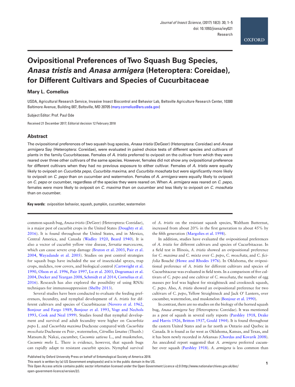 Ovipositional Preferences of Two Squash Bug Species, Anasa Tristis and Anasa Armigera (Heteroptera: Coreidae), for Different Cultivars and Species of Cucurbitaceae