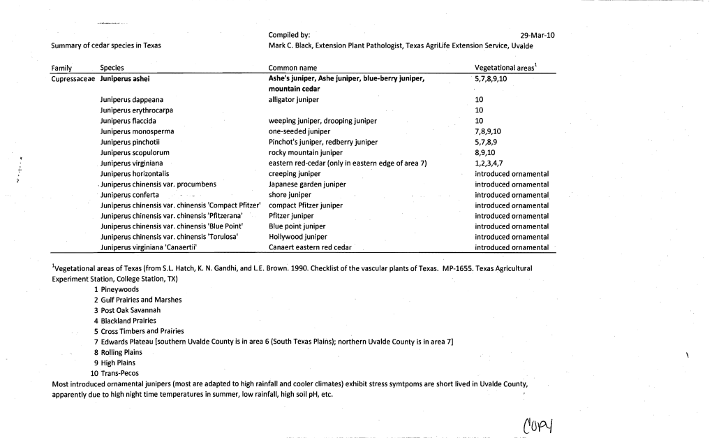 29-Mar-L0 Summary of Cedar Species in Texas Mark C. Black, Extension Plant Pathologist, Texas Agrilife Extension Service, Uvalde